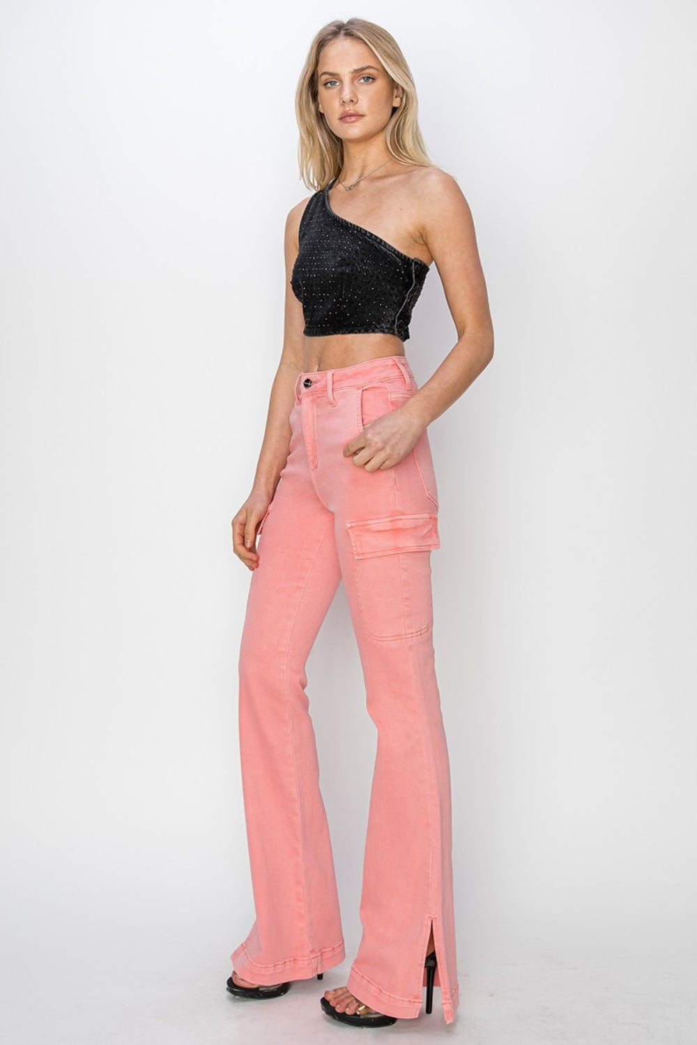 RISEN High Rise Side Slit Cargo Bootcut Jeans in Flamingo