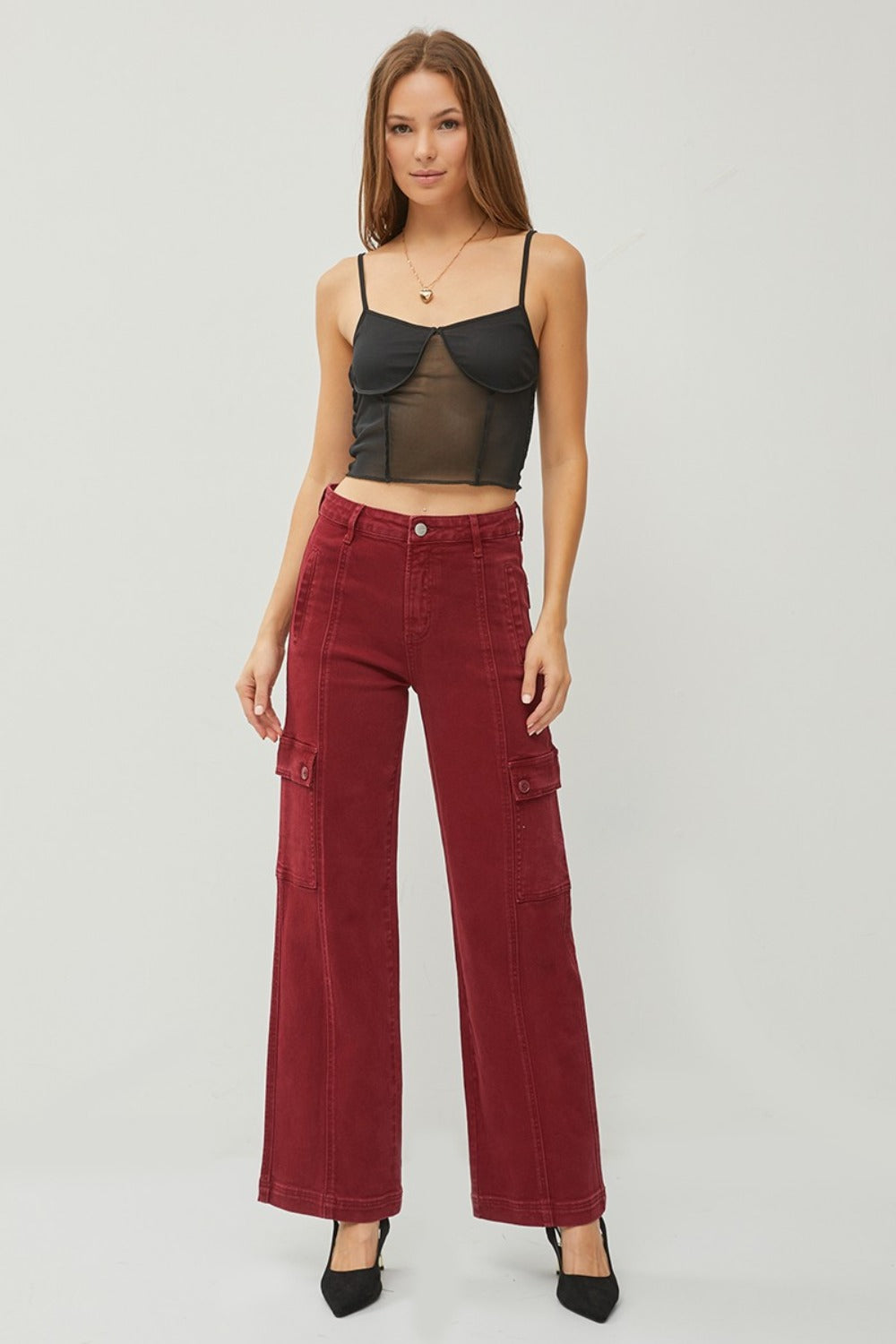 RISEN Wide Leg Cargo Jeans in Wine Red