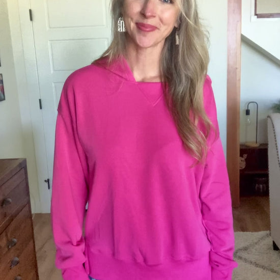 Incredibly soft, incredibly stretchy, and 9 color options?!  Stock up on this one!  This relaxed fit sweatshirt is lined with a silky fleecy lining all throughout.  Not too thick, not too thin...this side slit hoodie is just right!