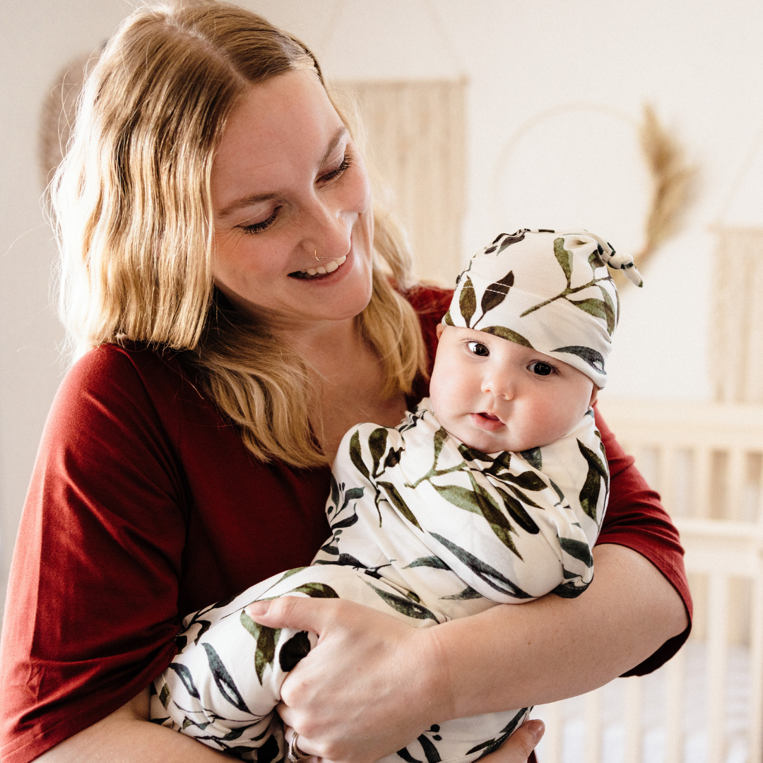 Brick Red Maternity Delivery Gown & Leafy Vine Swaddle