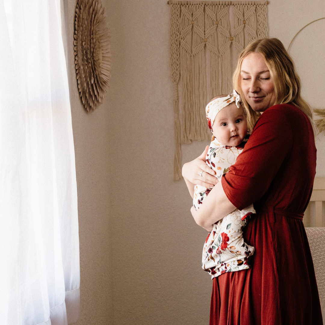 Brick Red Maternity Delivery Gown & Red Rose Swaddle