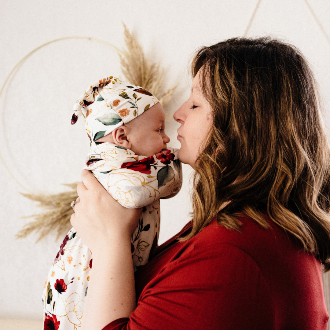 Brick Red Maternity Delivery Gown & Red Rose Swaddle