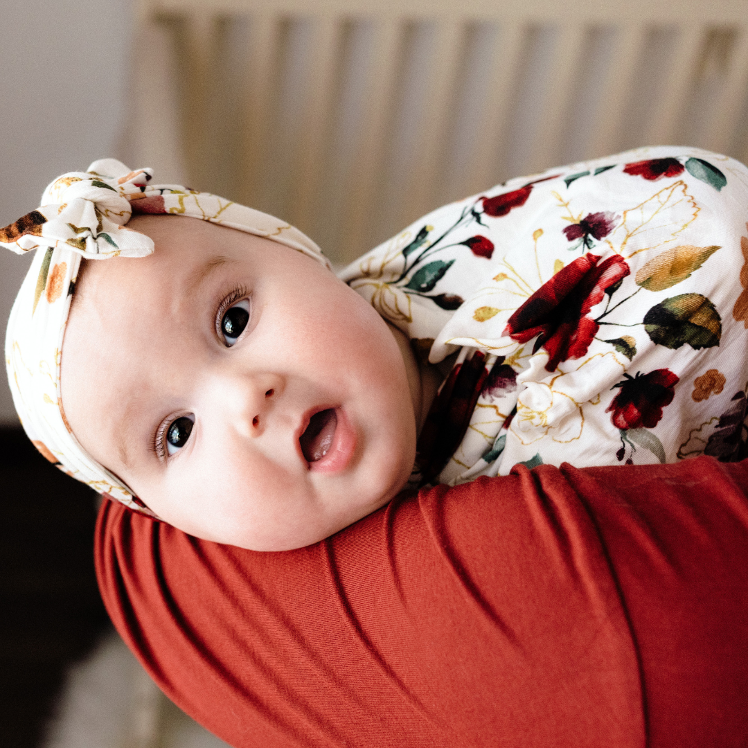 Brick Red Maternity Delivery Gown & Red Rose Swaddle