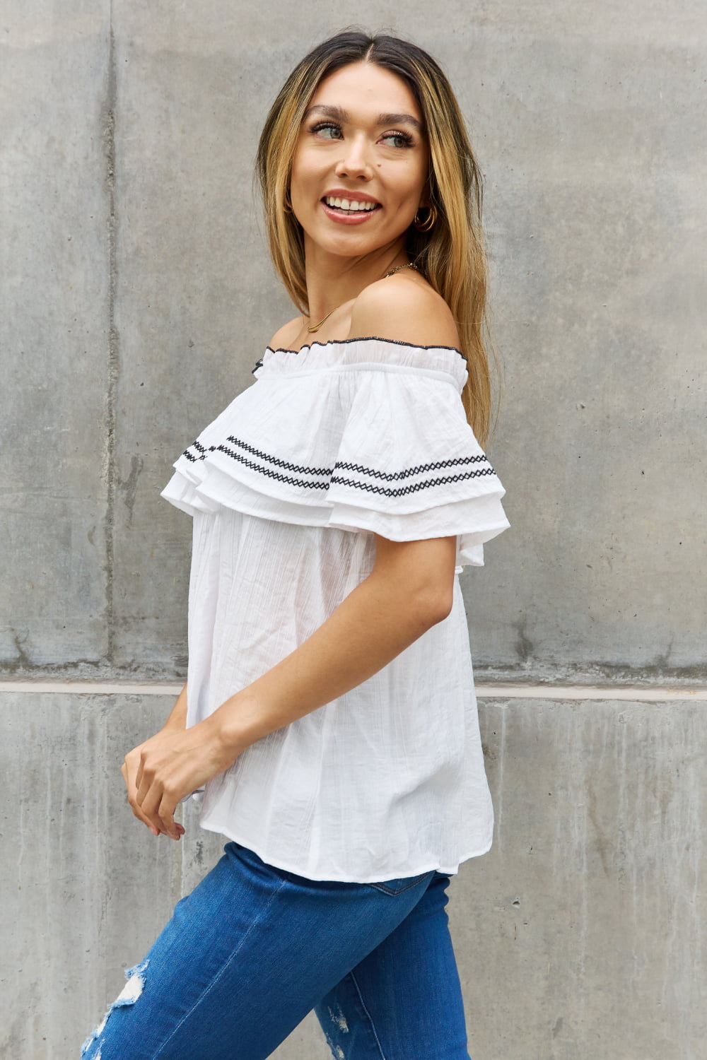 Off The Shoulder Embroidered Ruffle Blouse