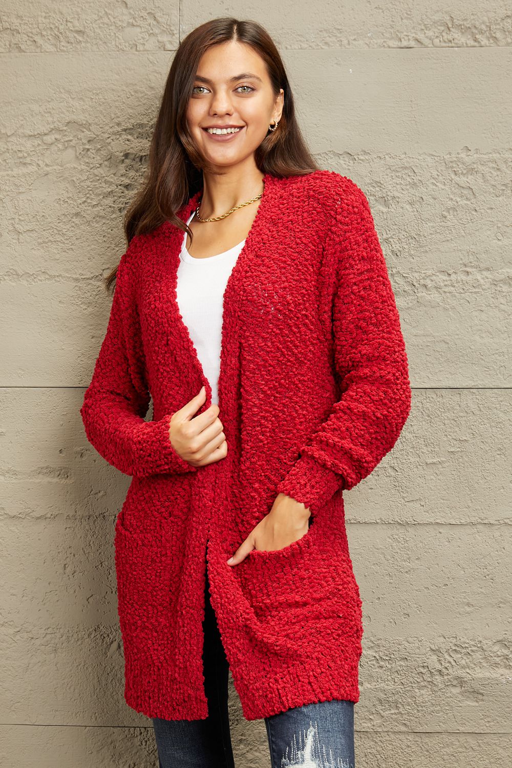 Open Front Popcorn Cardigan - Red