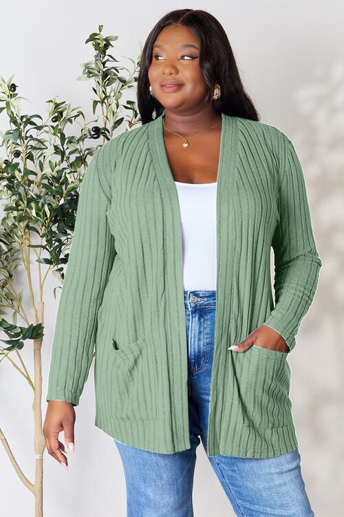 Ribbed Open Front Cardigan with Pockets - 5 Color Options