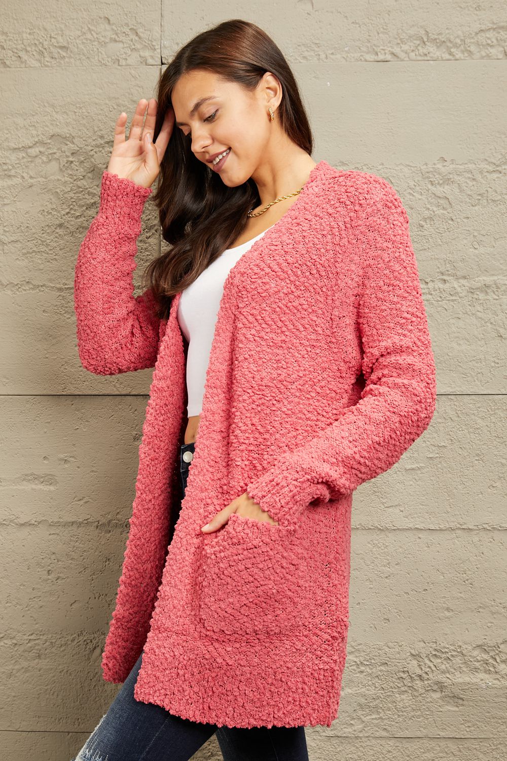 Open Front Popcorn Cardigan - Strawberry Pink