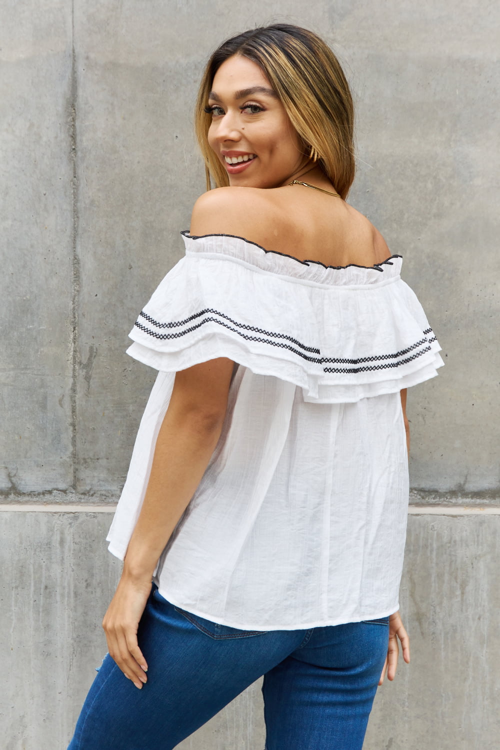 Off The Shoulder Embroidered Ruffle Blouse