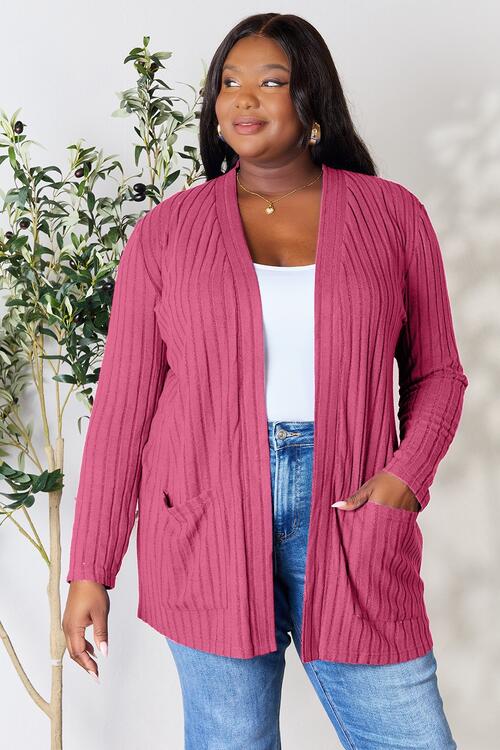 Ribbed Open Front Cardigan with Pockets - 5 Color Options