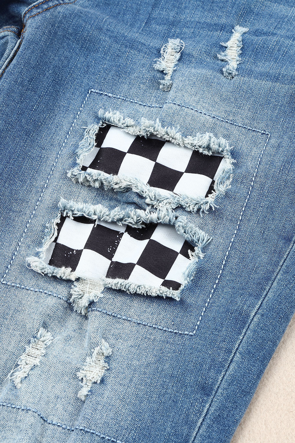 Checkered Patch Mid Waist Distressed Jeans