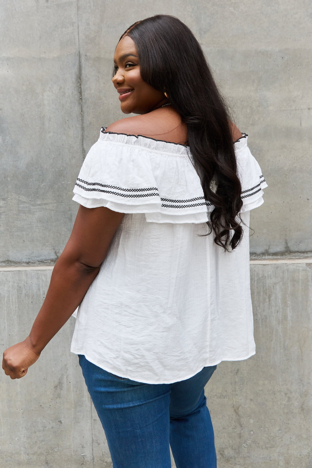 Off The Shoulder Embroidered Ruffle Blouse