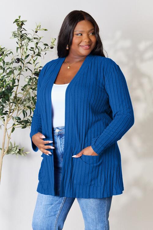 Ribbed Open Front Cardigan with Pockets - 5 Color Options