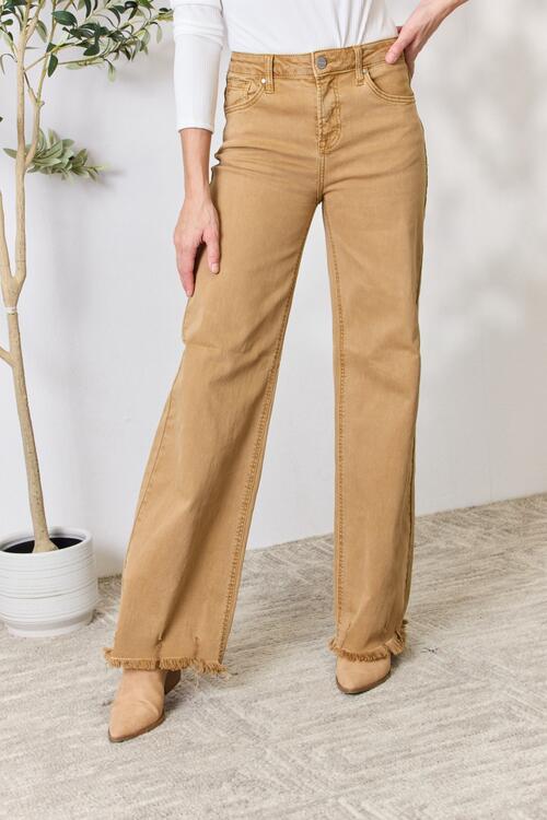 RISEN Fringe Hem Wide Leg Jeans in Mocha