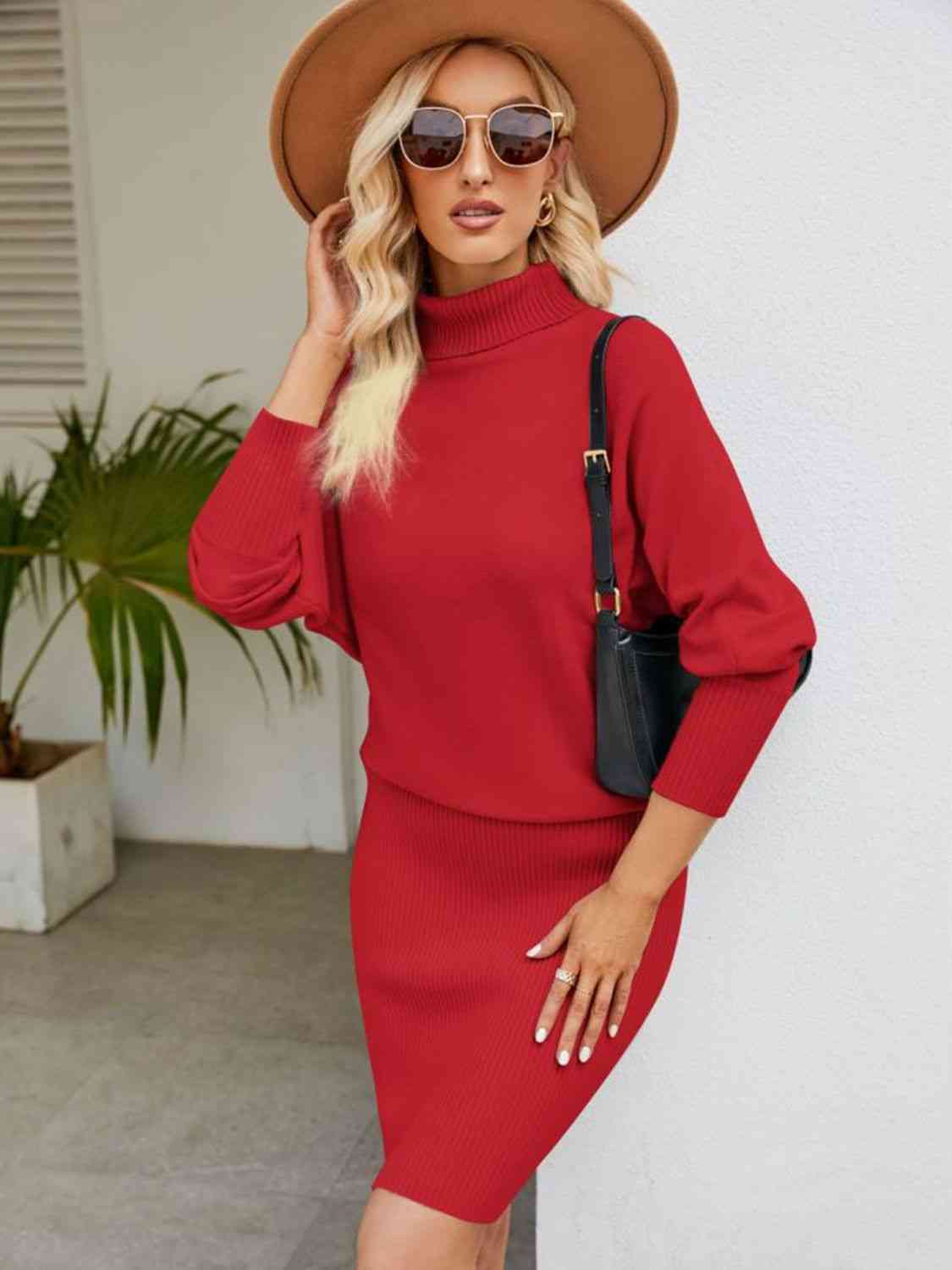 Turtle Neck Long Sleeve Dolman Sweater Dress - 4 Color Options