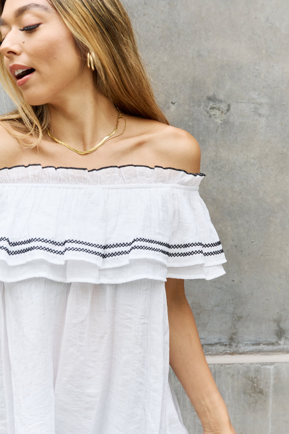 Off The Shoulder Embroidered Ruffle Blouse