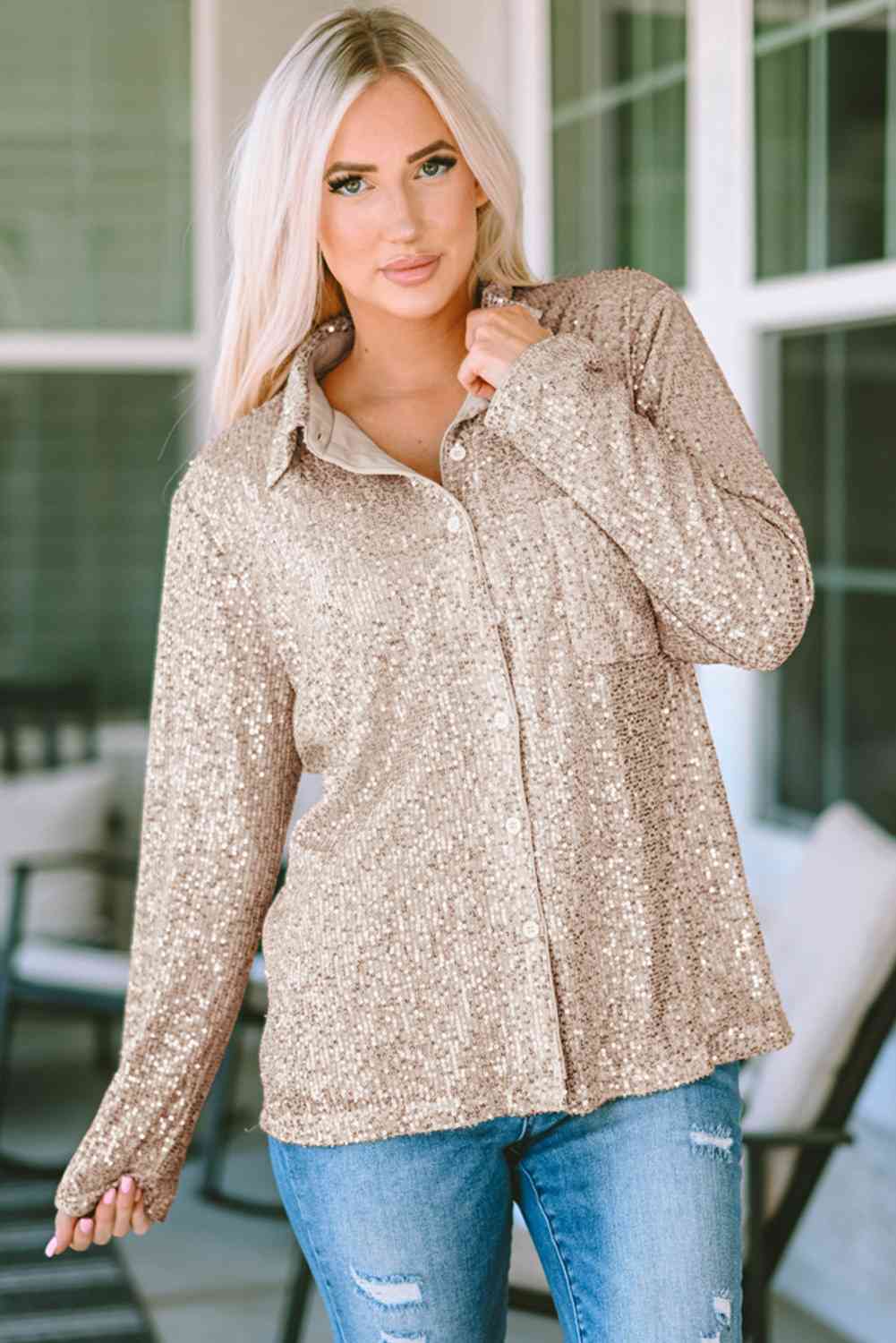 Champagne Sequin Satin Lined Button Up