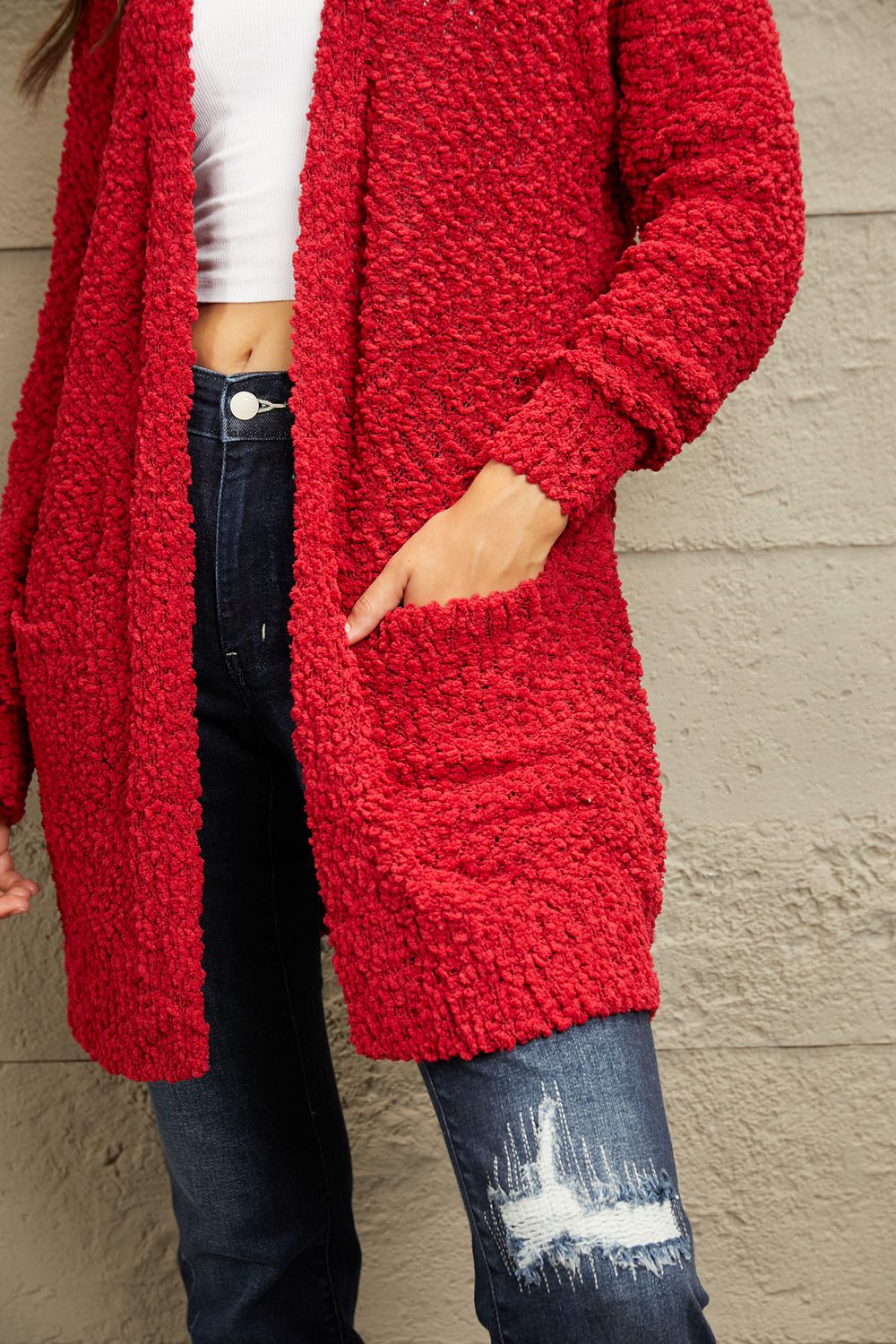 Open Front Popcorn Cardigan - Red