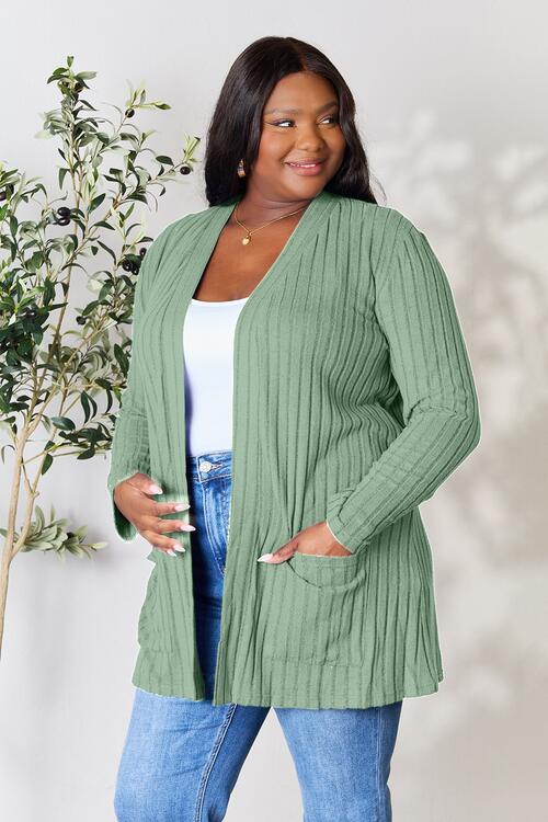 Ribbed Open Front Cardigan with Pockets - 5 Color Options