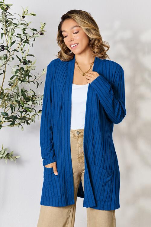 Ribbed Open Front Cardigan with Pockets - 5 Color Options