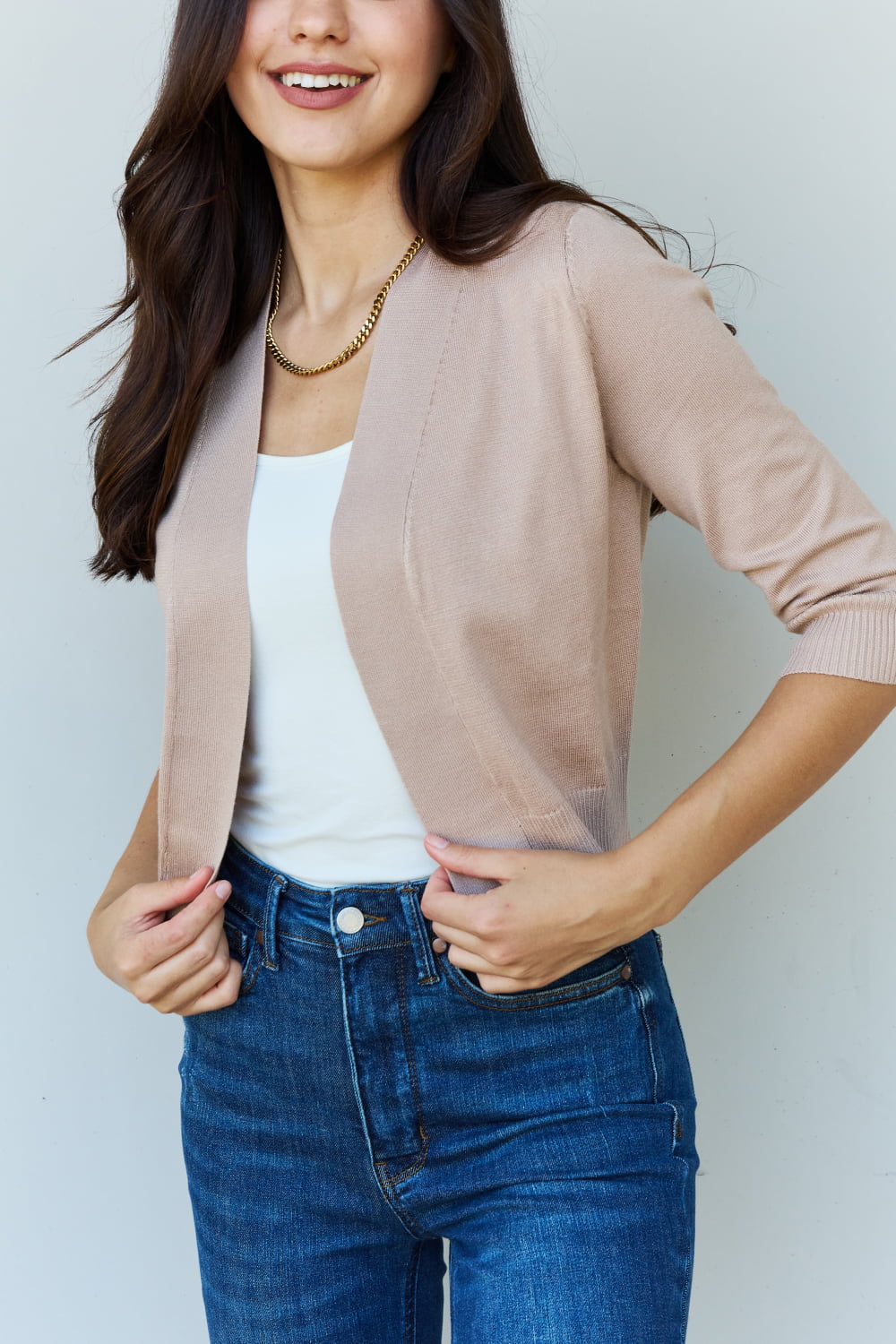 My Favorite 3/4 Sleeve Cropped Cardigan - Khaki