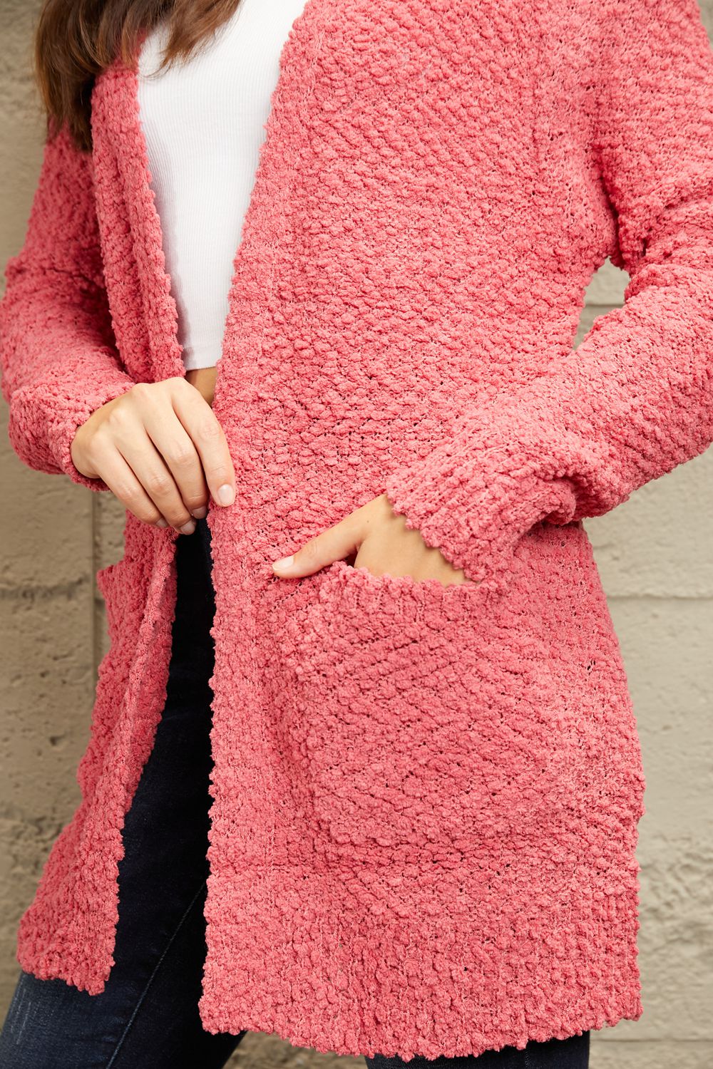 Open Front Popcorn Cardigan - Strawberry Pink