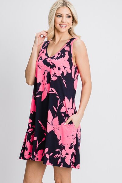 Navy & Neon Floral Tank Dress with Pockets