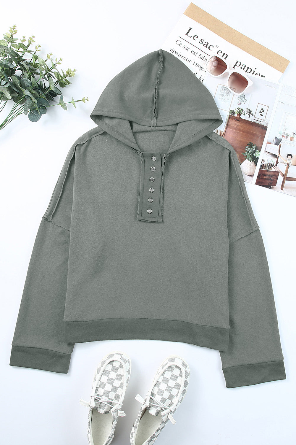 Button Placket Dropped Shoulder Hoodie - 12 Color Options