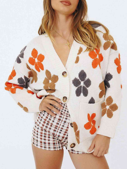 Retro Floral V-Neck Button Up Cardigan