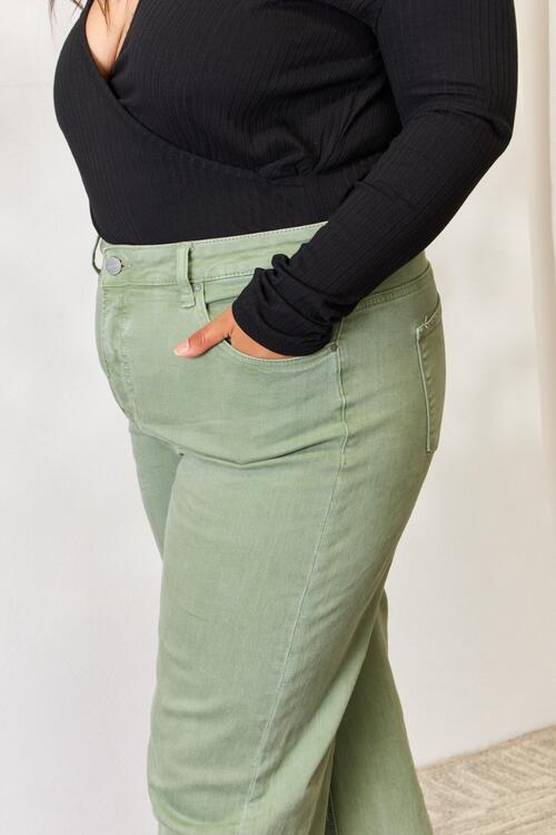 RISEN Raw Hem Wide-Leg Jeans in Sage