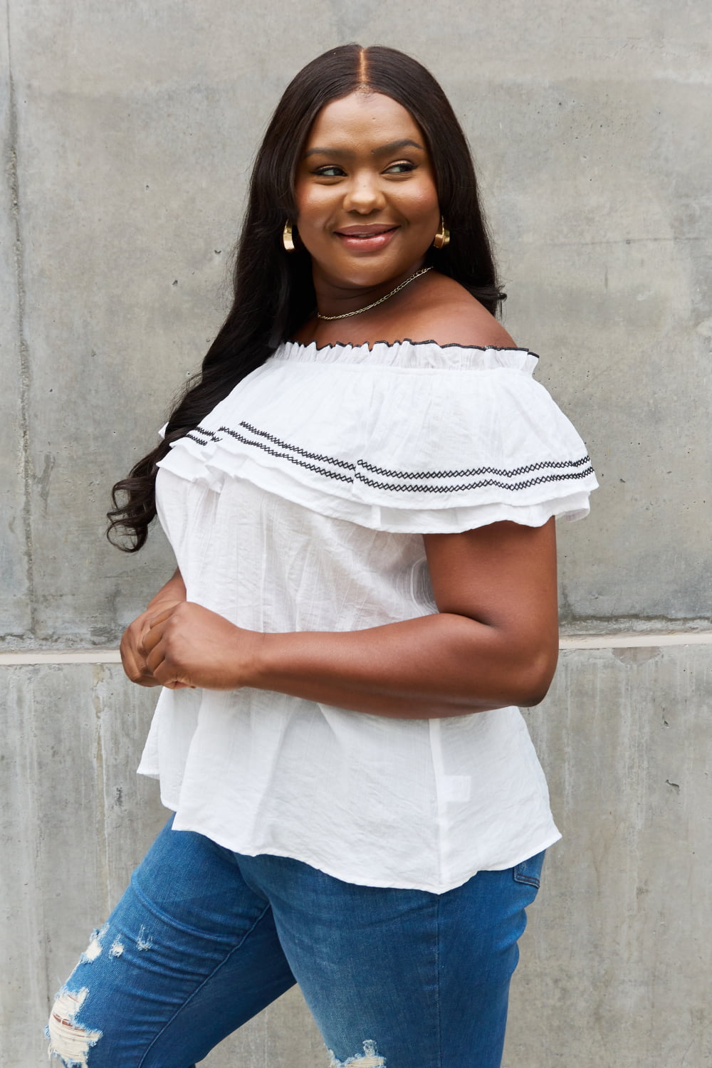 Off The Shoulder Embroidered Ruffle Blouse