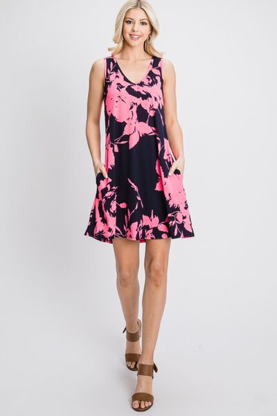 Navy & Neon Floral Tank Dress with Pockets