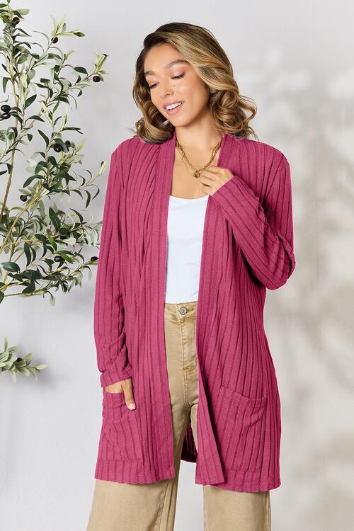 Ribbed Open Front Cardigan with Pockets - 5 Color Options