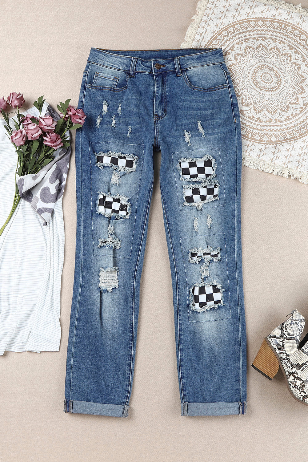 Checkered Patch Mid Waist Distressed Jeans