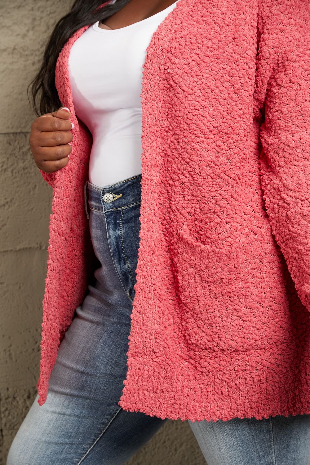 Open Front Popcorn Cardigan - Strawberry Pink