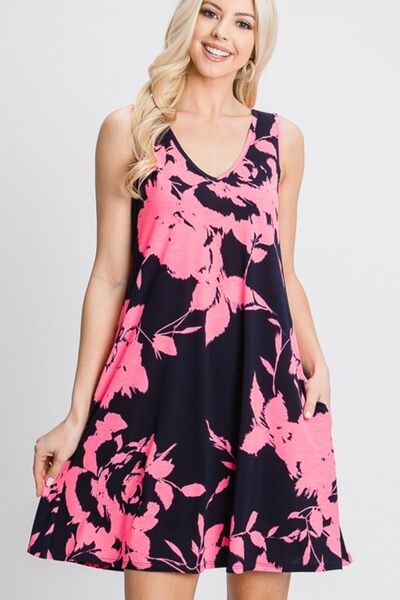 Navy & Neon Floral Tank Dress with Pockets