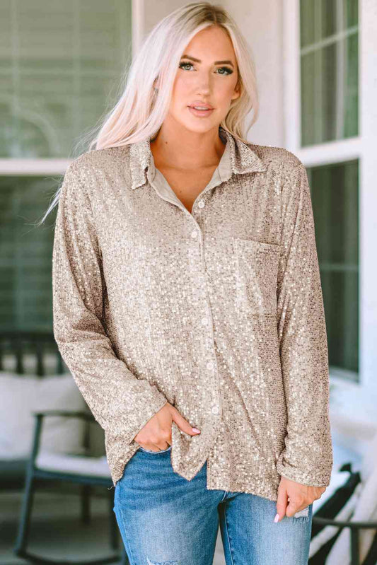 Champagne Sequin Satin Lined Button Up