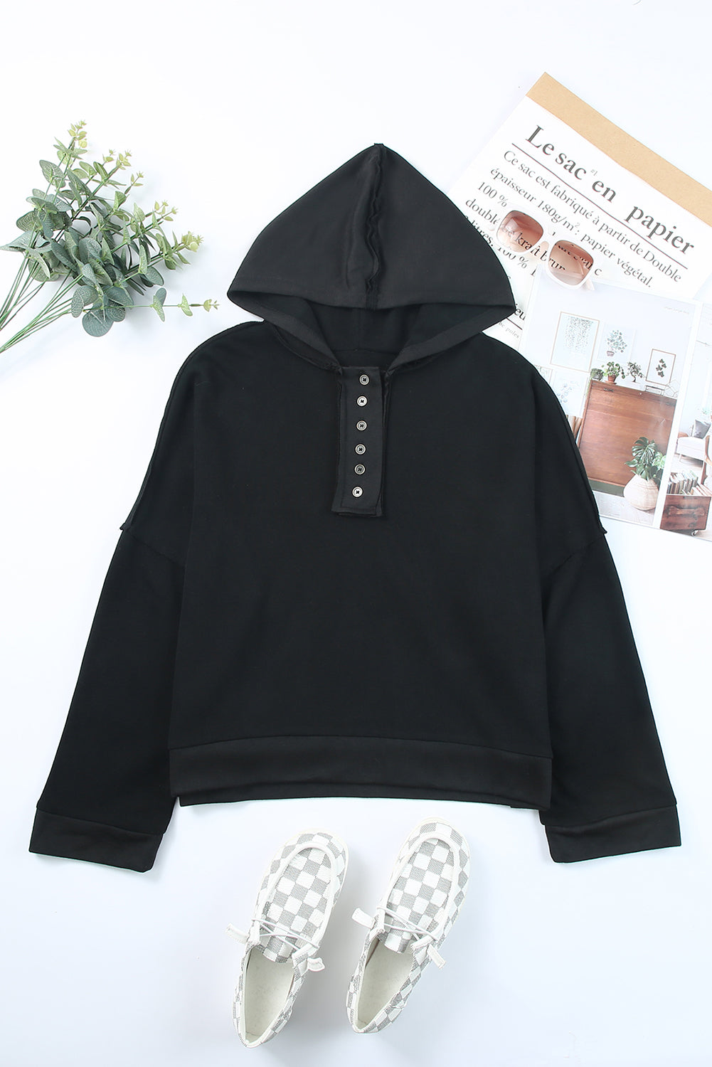 Button Placket Dropped Shoulder Hoodie - 12 Color Options