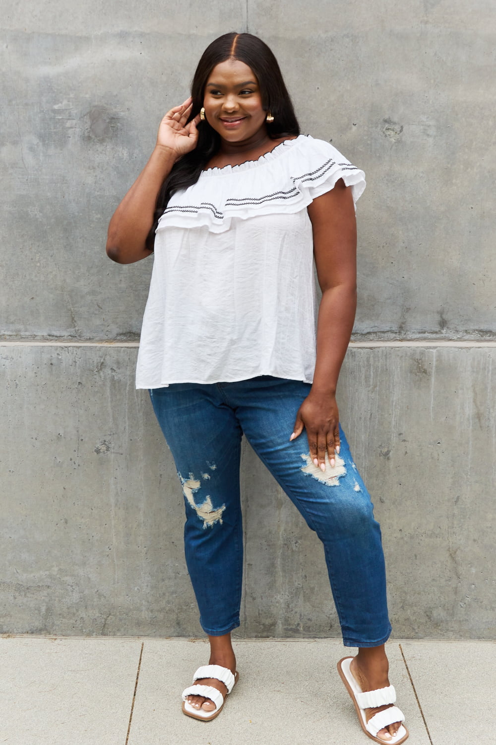 Off The Shoulder Embroidered Ruffle Blouse