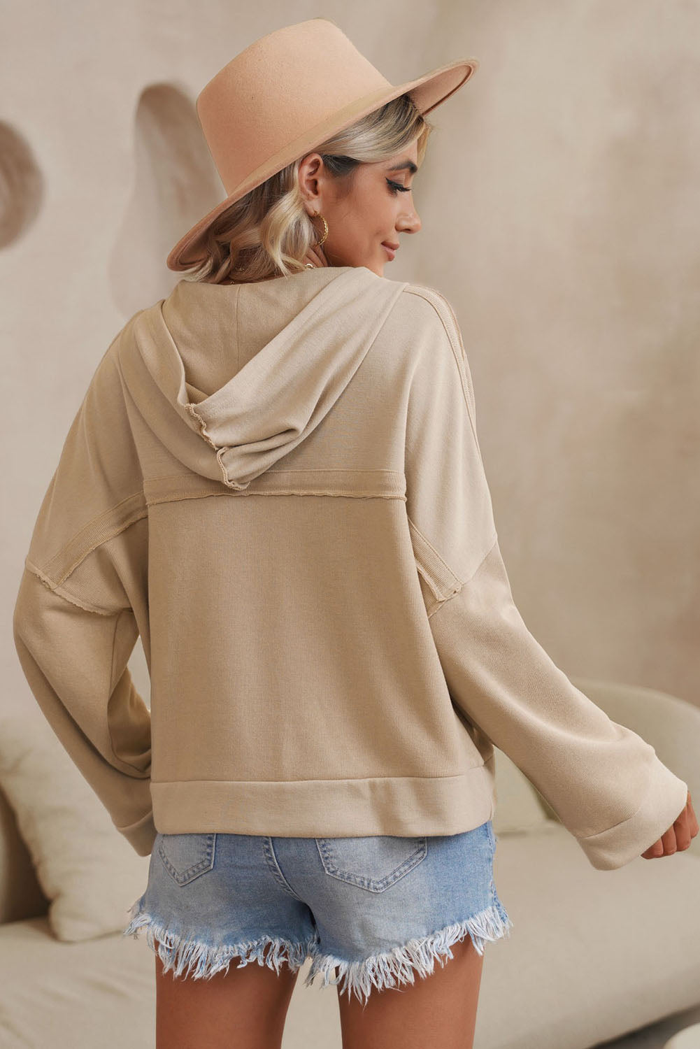 Button Placket Dropped Shoulder Hoodie - 12 Color Options