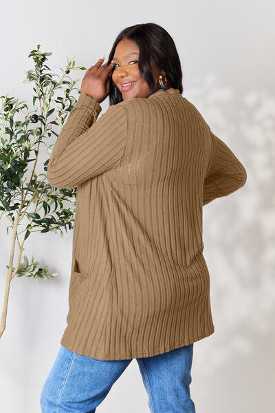 Ribbed Open Front Cardigan with Pockets - 5 Color Options