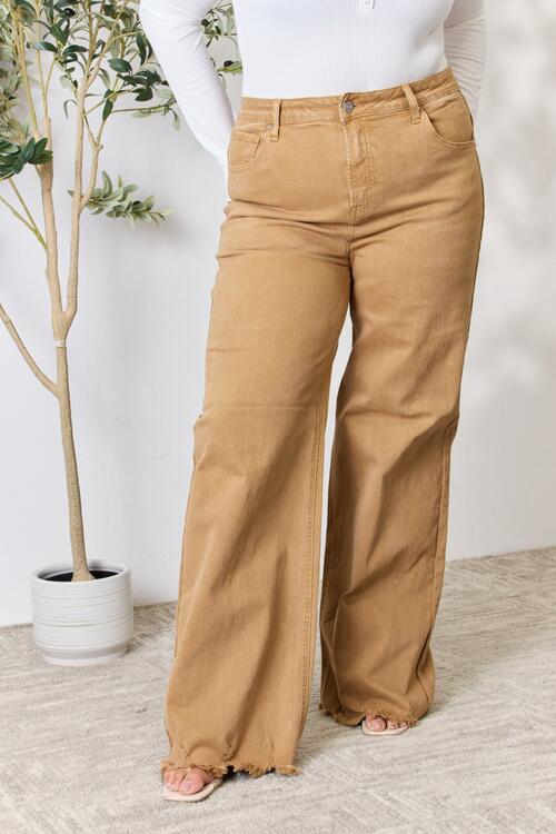 RISEN Fringe Hem Wide Leg Jeans in Mocha