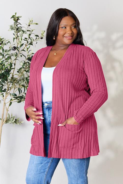 Ribbed Open Front Cardigan with Pockets - 5 Color Options