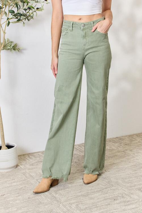 RISEN Raw Hem Wide-Leg Jeans in Sage