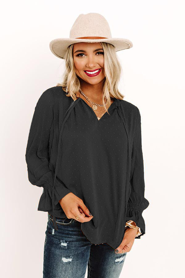 Swiss Dot Tie Neck Flounce Sleeve Blouse - 2 Color Options