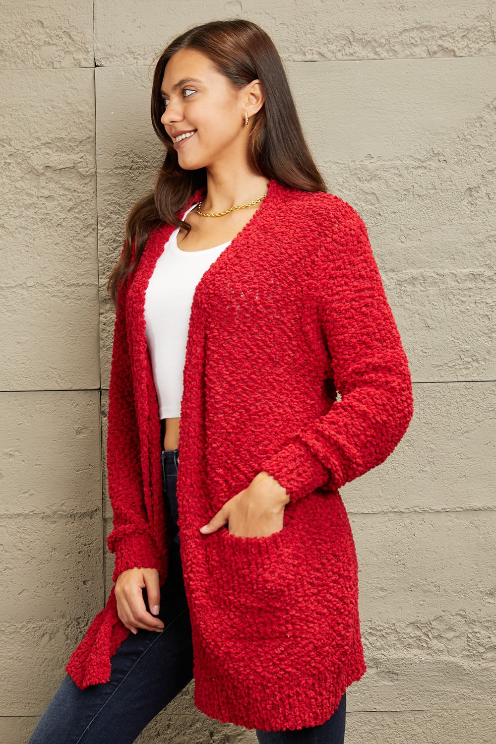 Open Front Popcorn Cardigan - Red