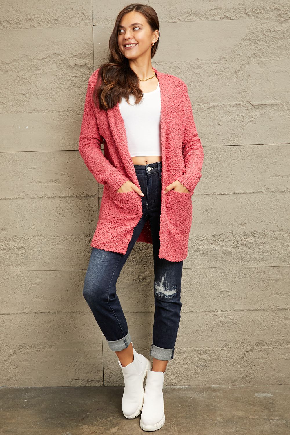 Open Front Popcorn Cardigan - Strawberry Pink