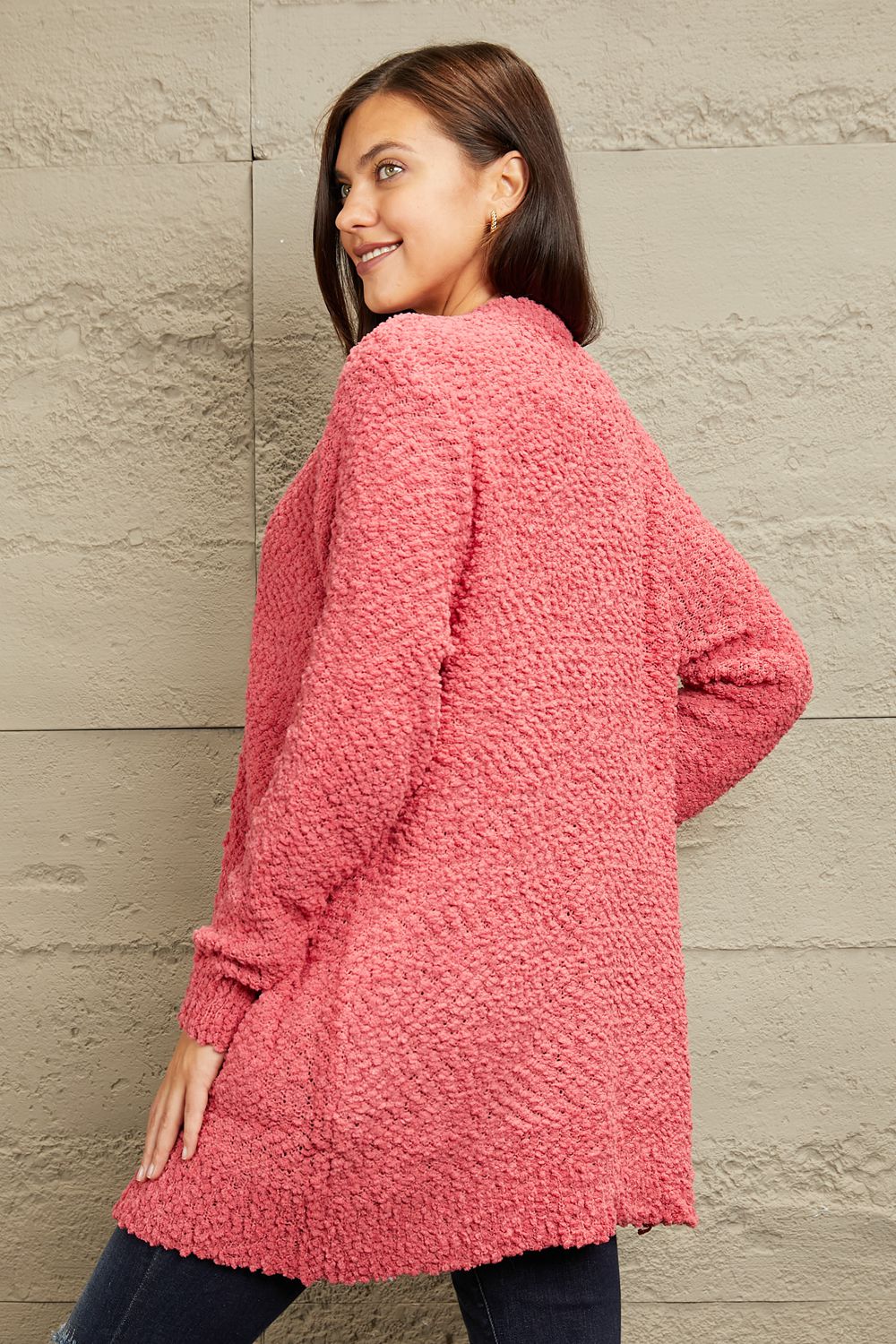 Open Front Popcorn Cardigan - Strawberry Pink