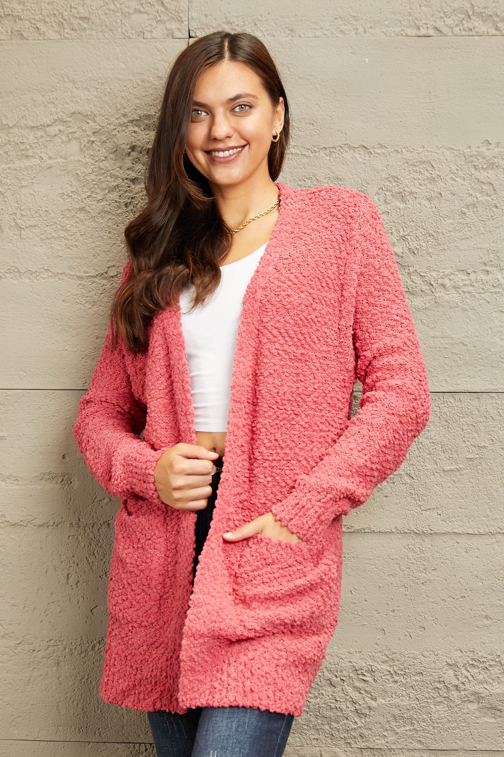 Open Front Popcorn Cardigan - Strawberry Pink