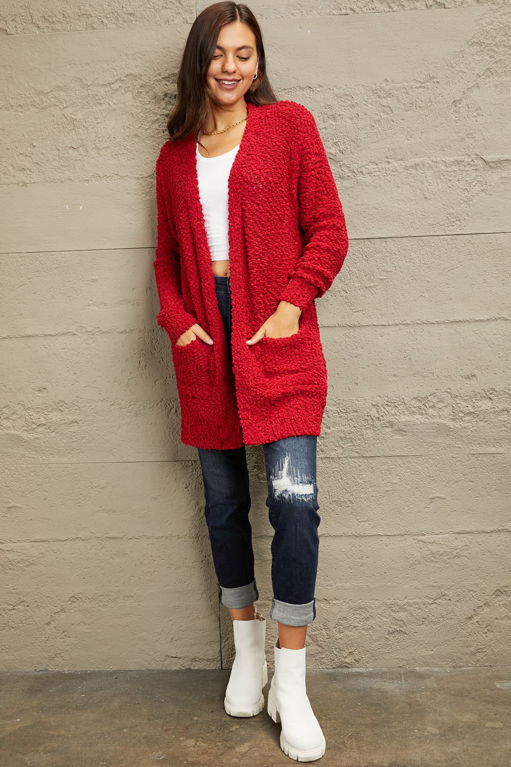 Open Front Popcorn Cardigan - Red