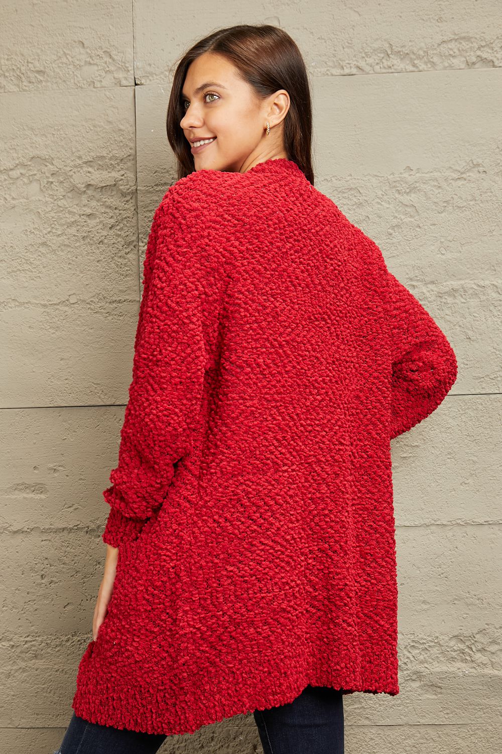 Open Front Popcorn Cardigan - Red